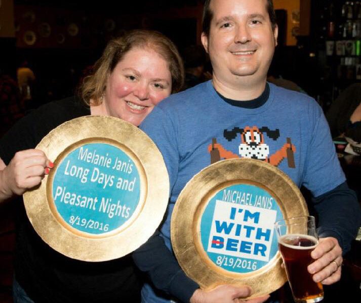 Melanie and Michael Janis Addison Flying Saucer craft beer plate party